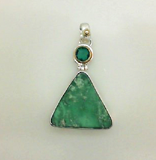 s.s. & gold vermeil 25mm triangular green Turquoise & 6.5mm green Quartz bezel set pendant by Michou