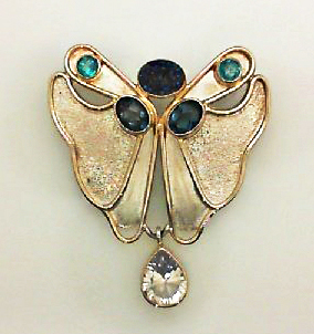 s.s. & gold vermeil 9x7mm drusy Quartz, 8x6 London Blue Topaz, 5mm Paraiba Topaz & 11x9mm Quartz bezel set stylized buttery fly pendant by Michou