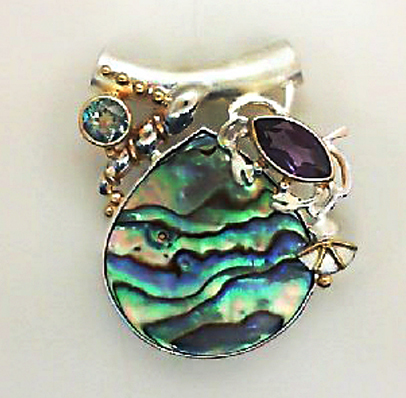 s.s. & gold vermeil Abalone, Amethyst & Blue Topaz crab and shells tube bail pendant by Michou