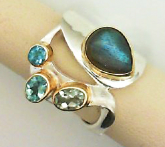 s.s. & gold vermeil bezel set Labradorite, Aquamarine & two Blue Topaz ring by Michou (one-of-a-kind)