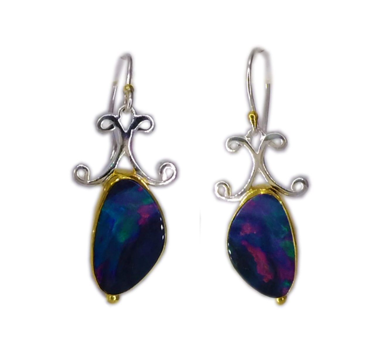 s.s. & gold vermeil boulder Opal Eucalyptus swirl style french wire earrings by Michou (one-of-a-kind)