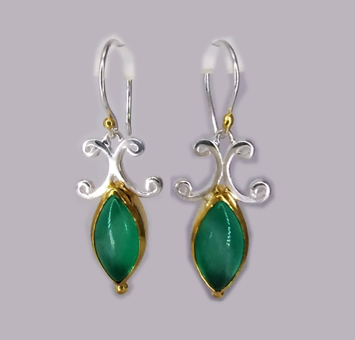 s.s. & gold vermeil green Agate Eucalyptus swirl style french wire earrings by Michou (one-of-a-kind)