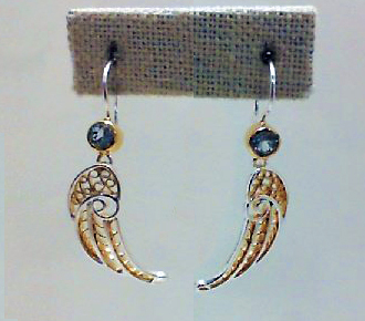 s.s. & gold vermeil swiss blue topaz filigree feather dangle french wire earrings by Michou