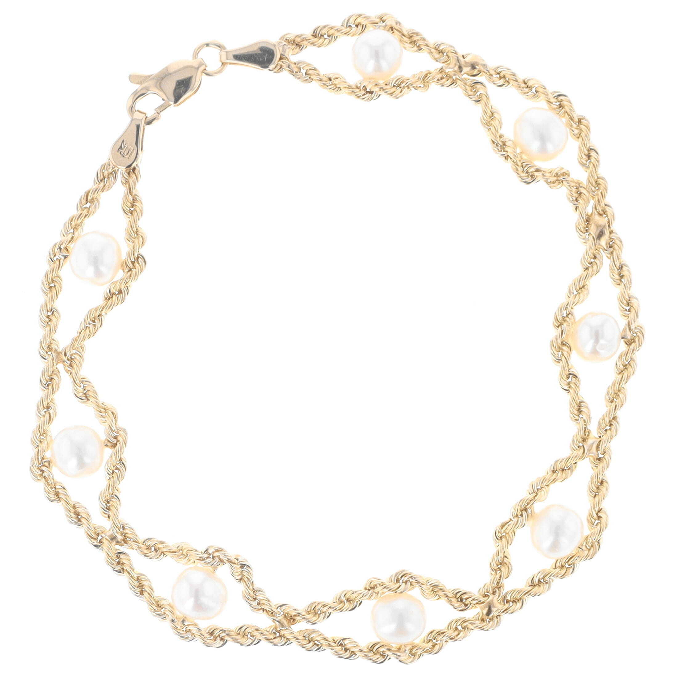 10k Yellow Gold 5 mm Cultured Pearl Rope Chain  7.5 Inch Bracelet, Estate 