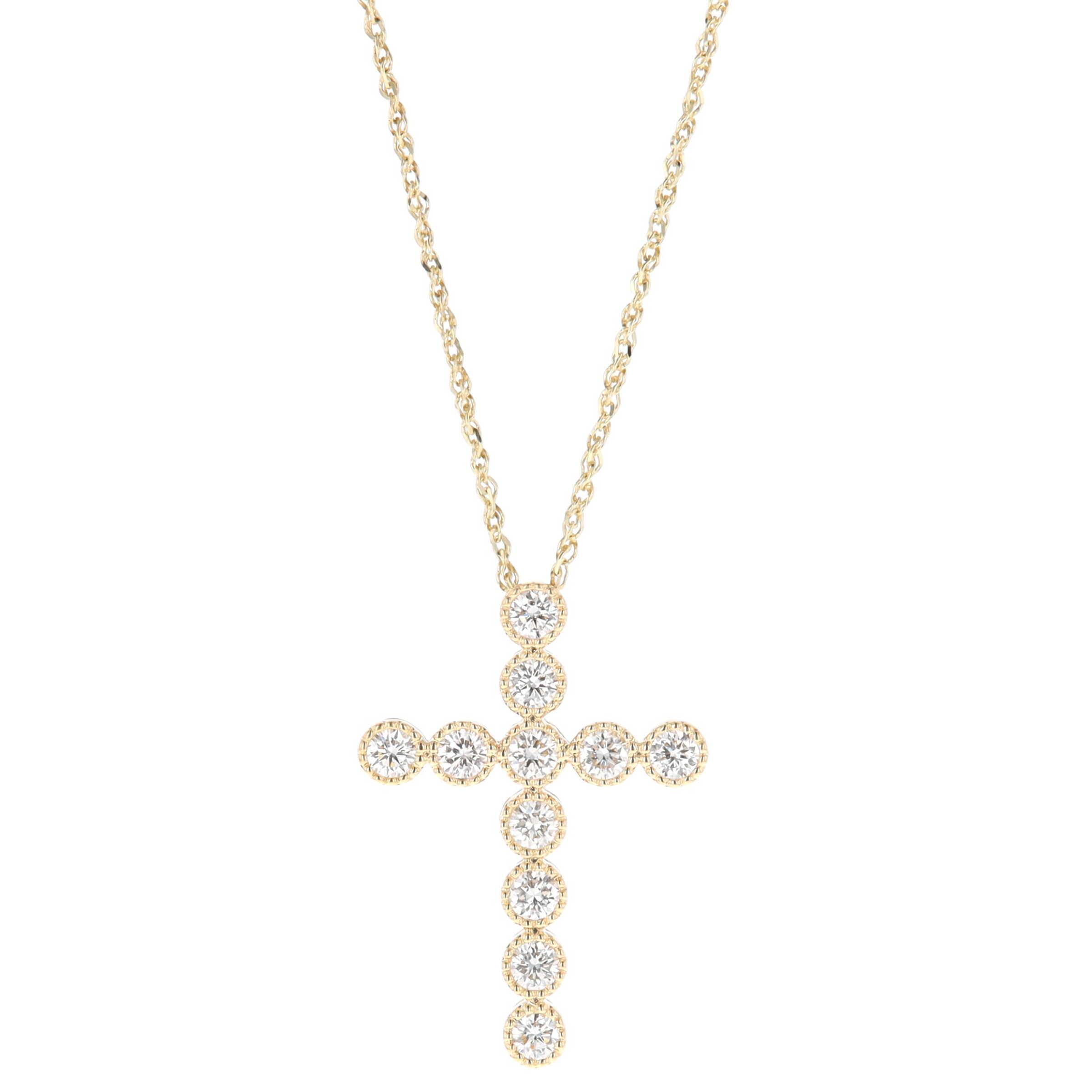 14K Yellow Gold 0.51 Carat Diamond Bezel Set Milgrain Cross 16 Inch Necklace 
