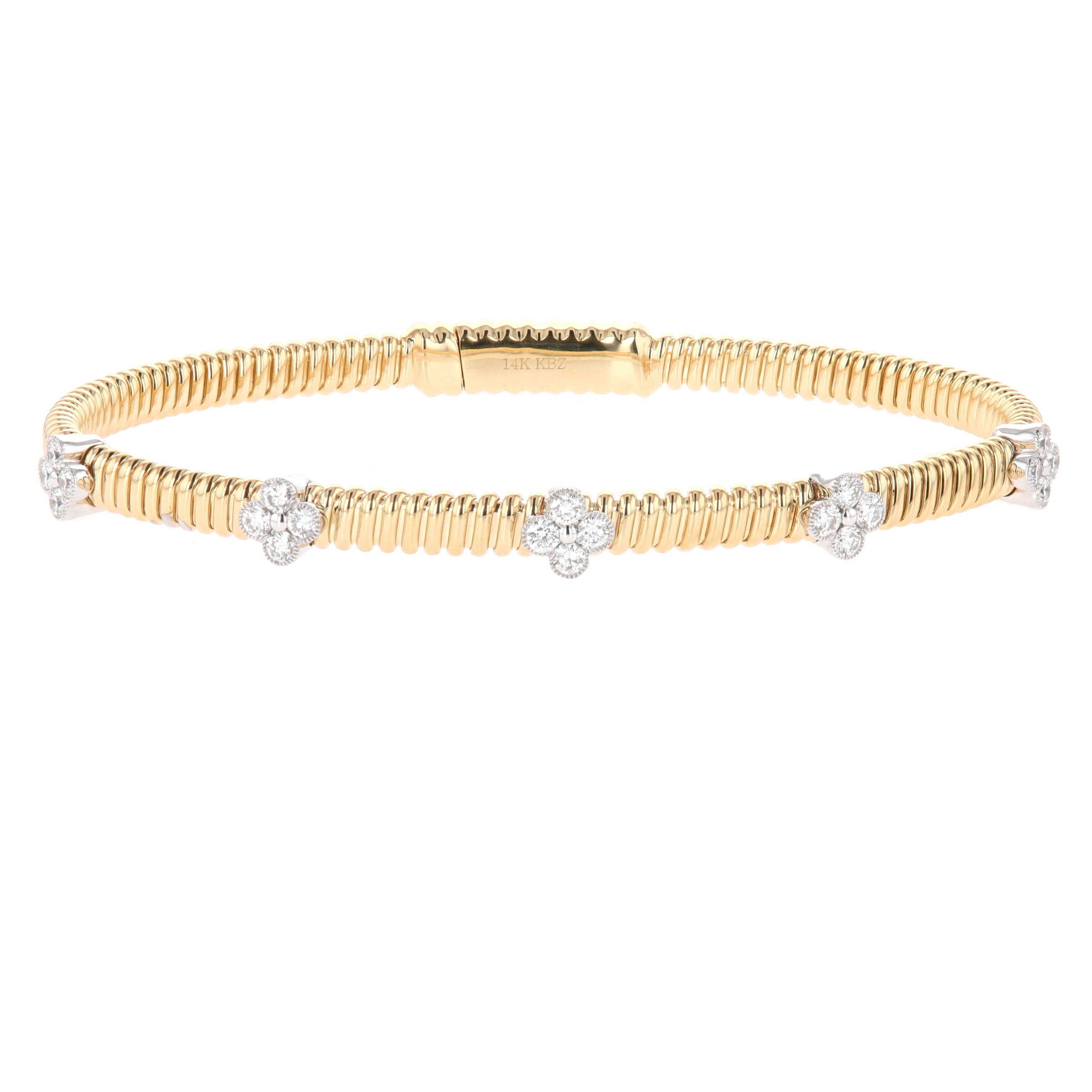 14k Two-Tone Gold 0.60 Carat Diamond Clover Station Ribbed Wide Bangle Bracelet 