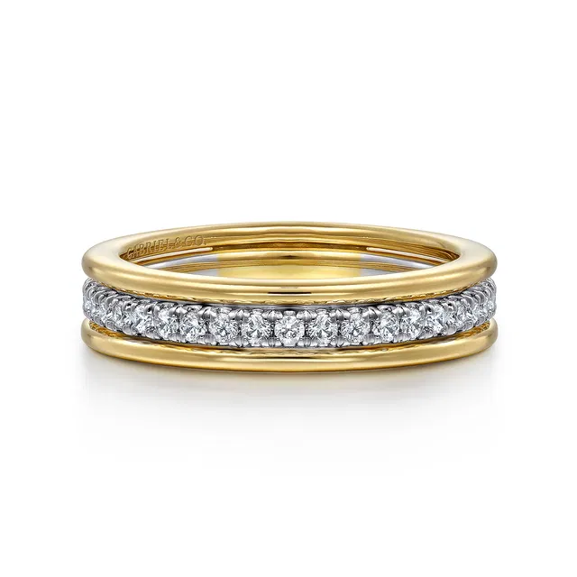 14k Two-Tone White & Yellow Gold 0.25 Carat Diamond Three Row Band, Gabriel & Co.