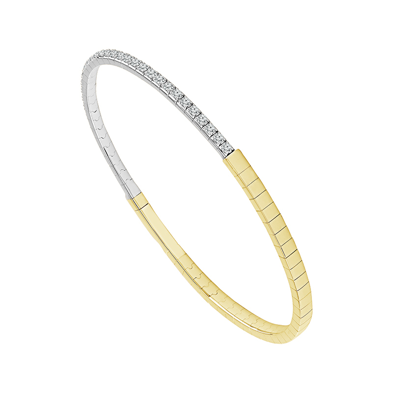 14k Two-Tone White & Yellow Gold 0.63 Carat Diamond Half Notched Bangle Bracelet 