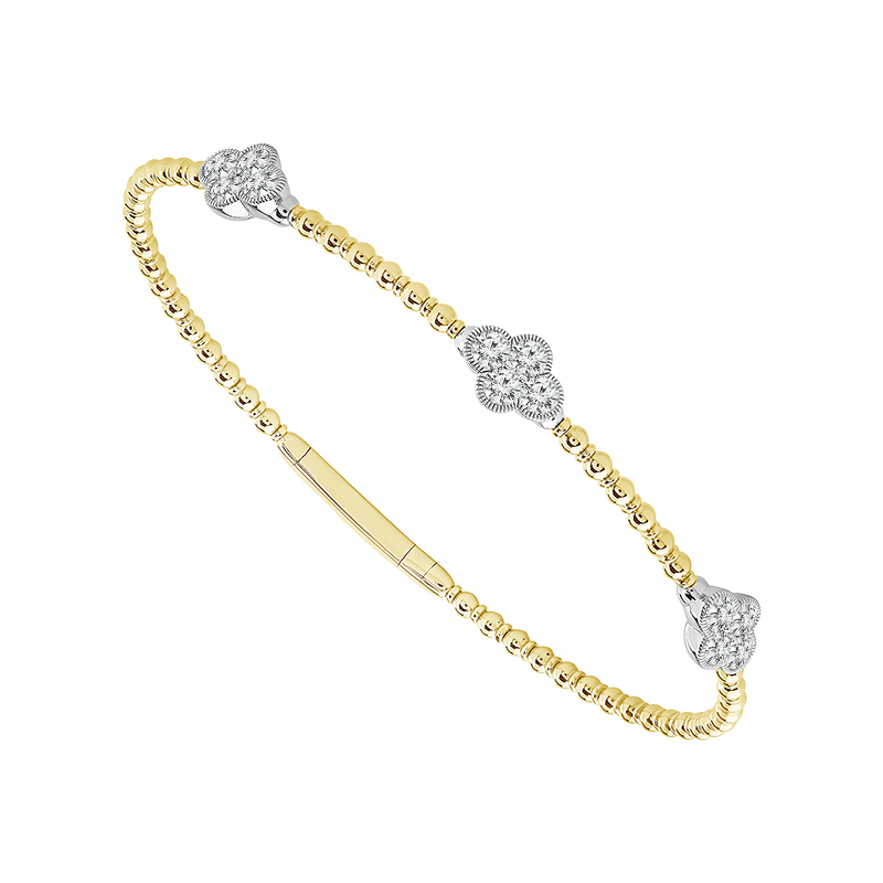 14k Two-Tone White & Yellow Gold 1.00 Carat Diamond Clover Three Station Beaded Bangle Bracelet 