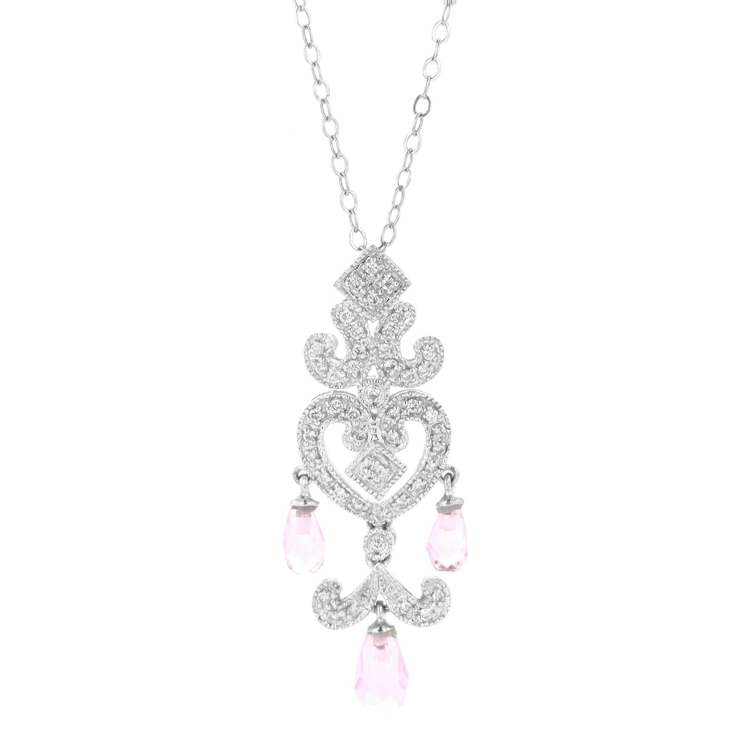 14k White Gold 0.12 Carat Diamond & Pink Tourmaline Briolette Chandelier 18 Inch Necklace, Estate 