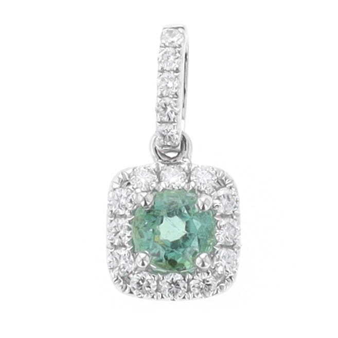 14k White Gold 0.28 Carat Round Green Tourmaline & Diamond Cushion Halo Pendant 