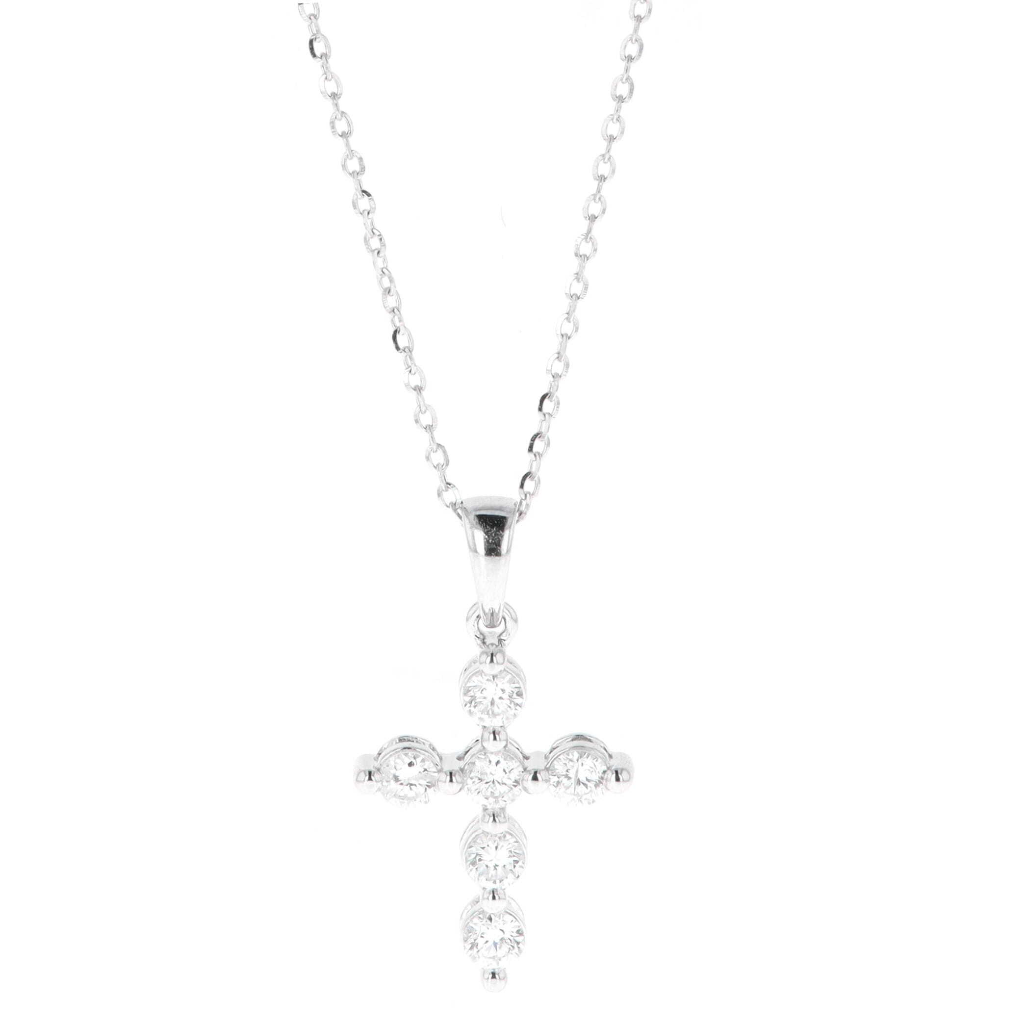 14k White Gold 0.44 Carat Diamond Single Prong Cross 18 Inch Necklace 