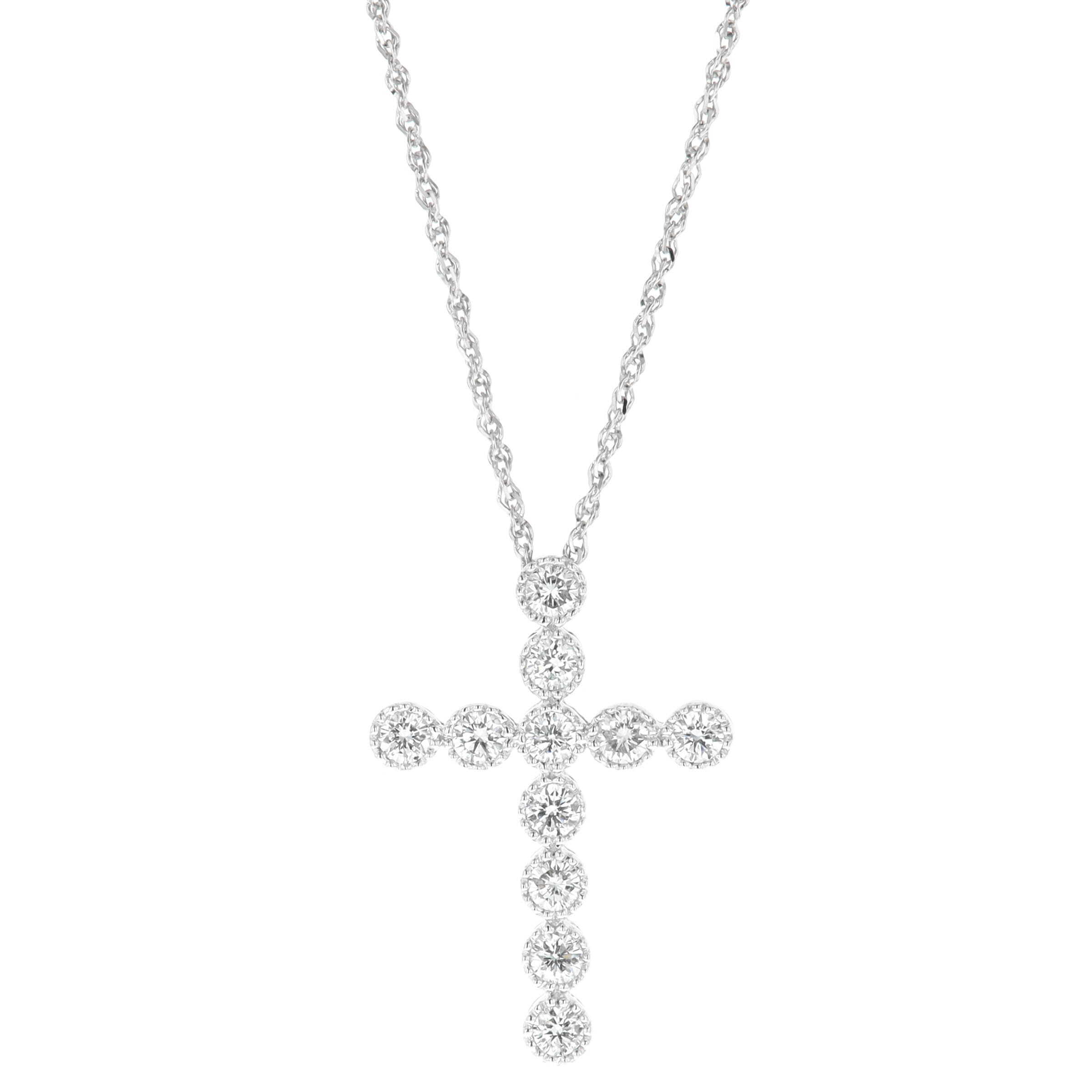 14k White Gold 0.51 Carat Diamond Bezel Set Milgrain Cross 16 Inch Necklace