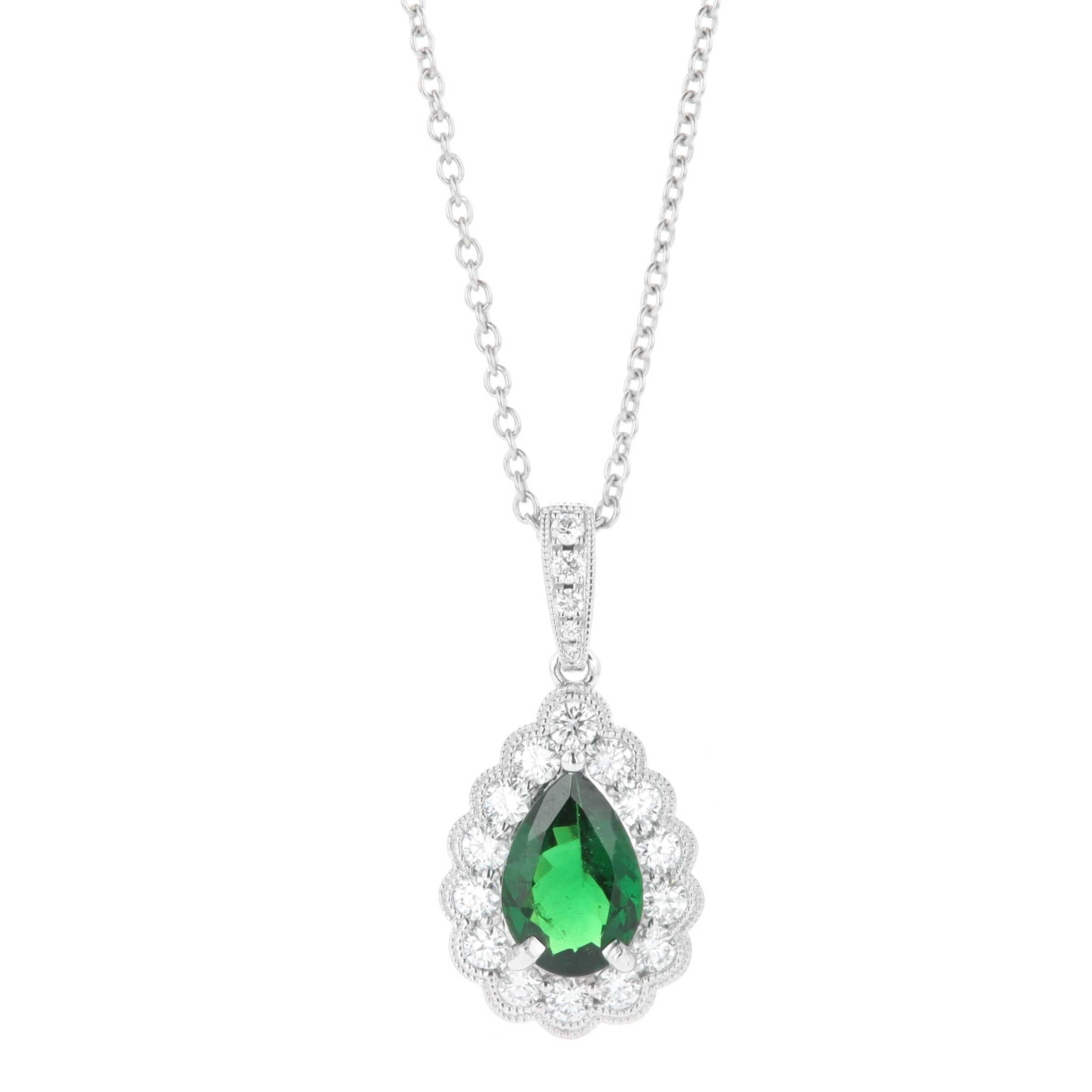 14k White Gold 1.25 carat Pear Shaped Tsavorite Garnet & Diamond Halo Pendant 
