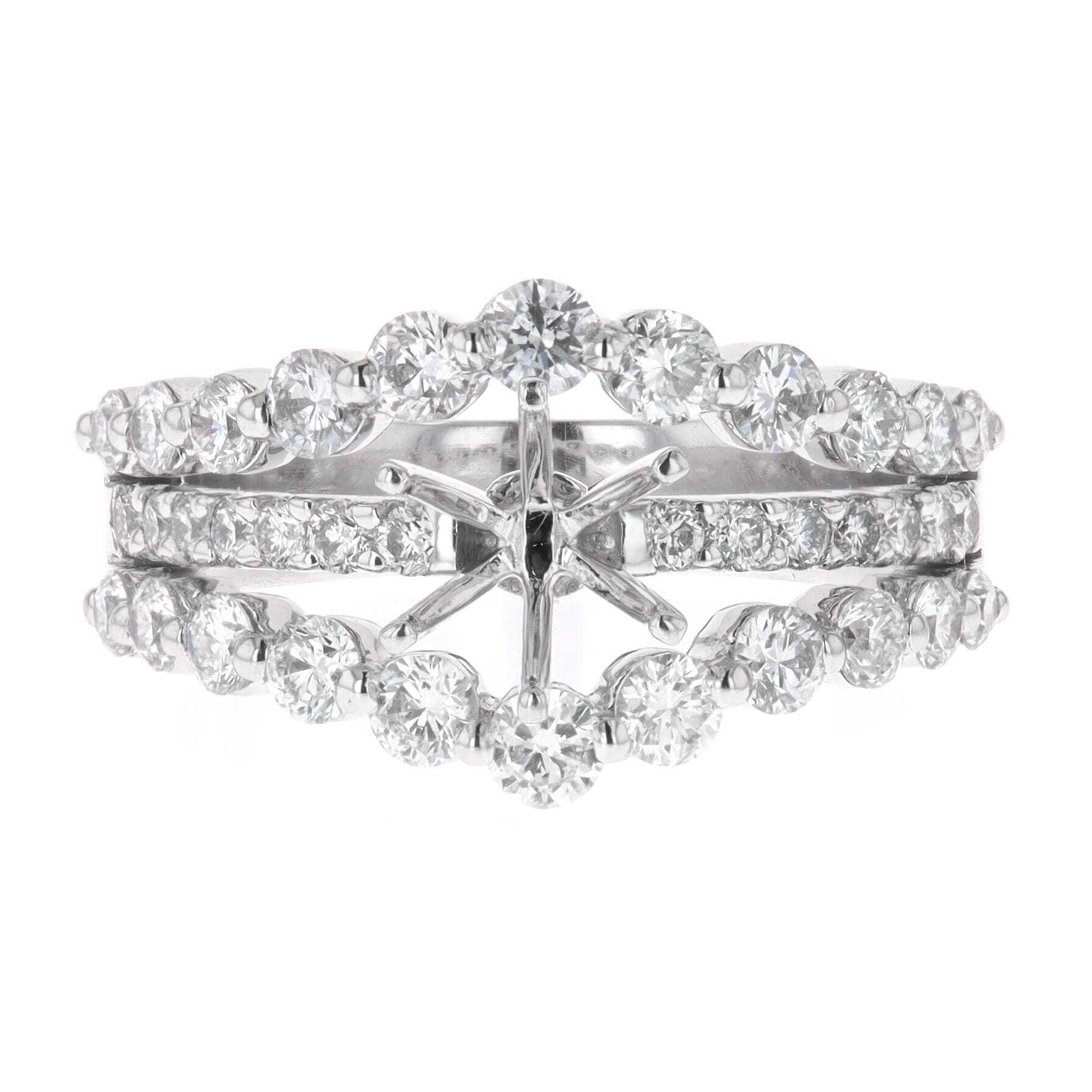 14k White Gold 1.49 Carat Diamond Accent Three Row Split Shank Semi-Mount Engagement Ring 