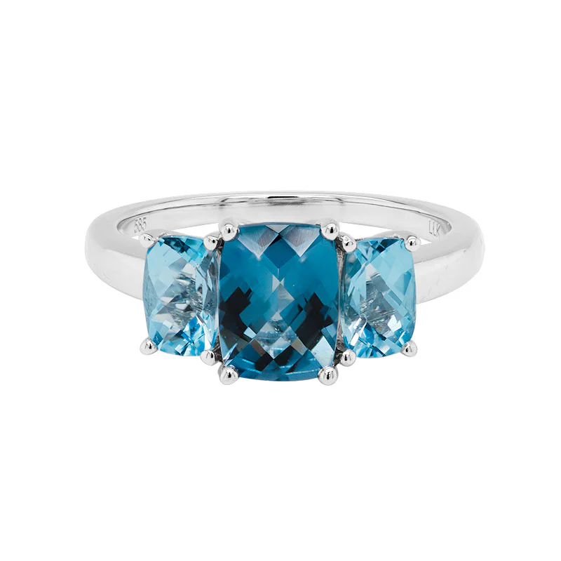 14k White Gold 1.50 Carat Cushion London Blue Topaz & Swiss Blue Topaz 3 Stone Ring 