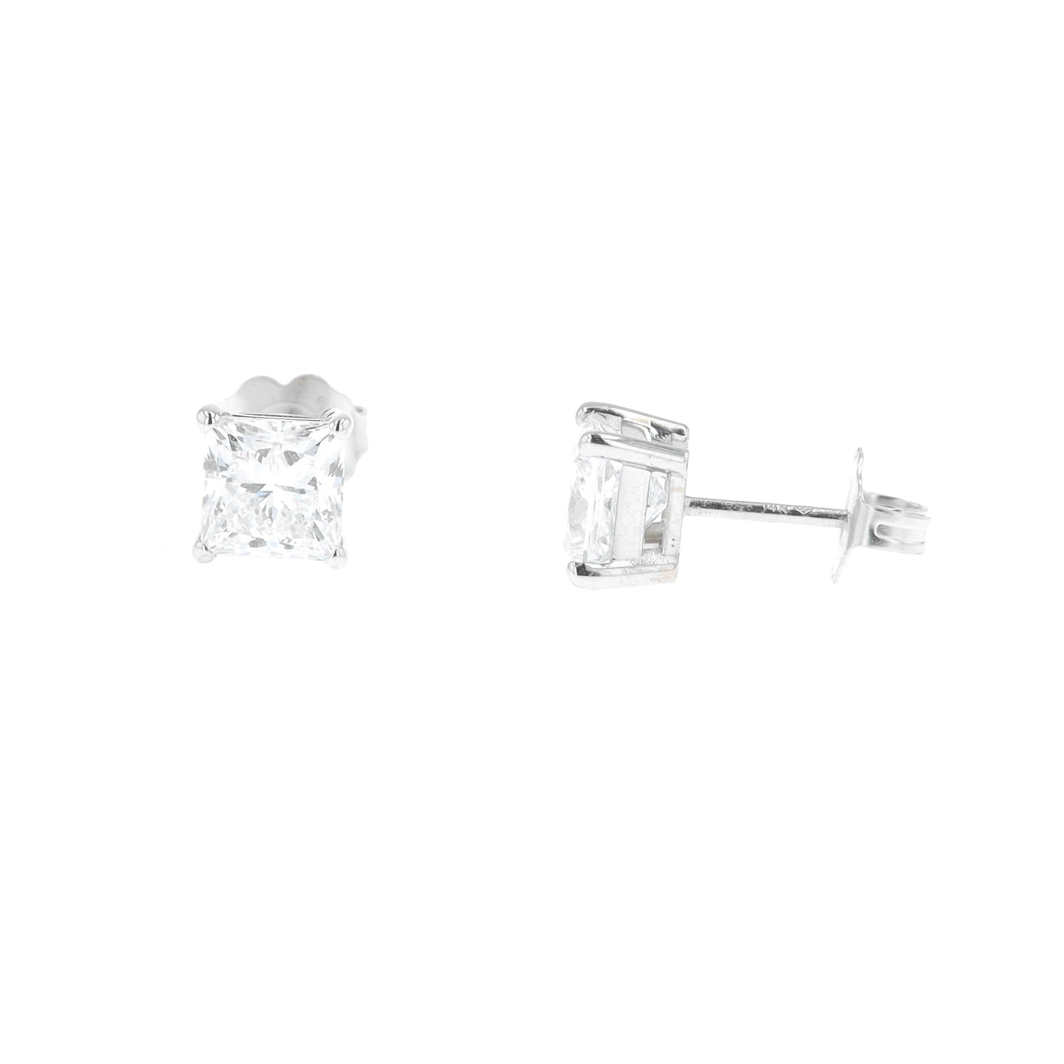 14k White Gold 2.00 Carat Diamond Princess Cut Lab Diamond Stud Earring 