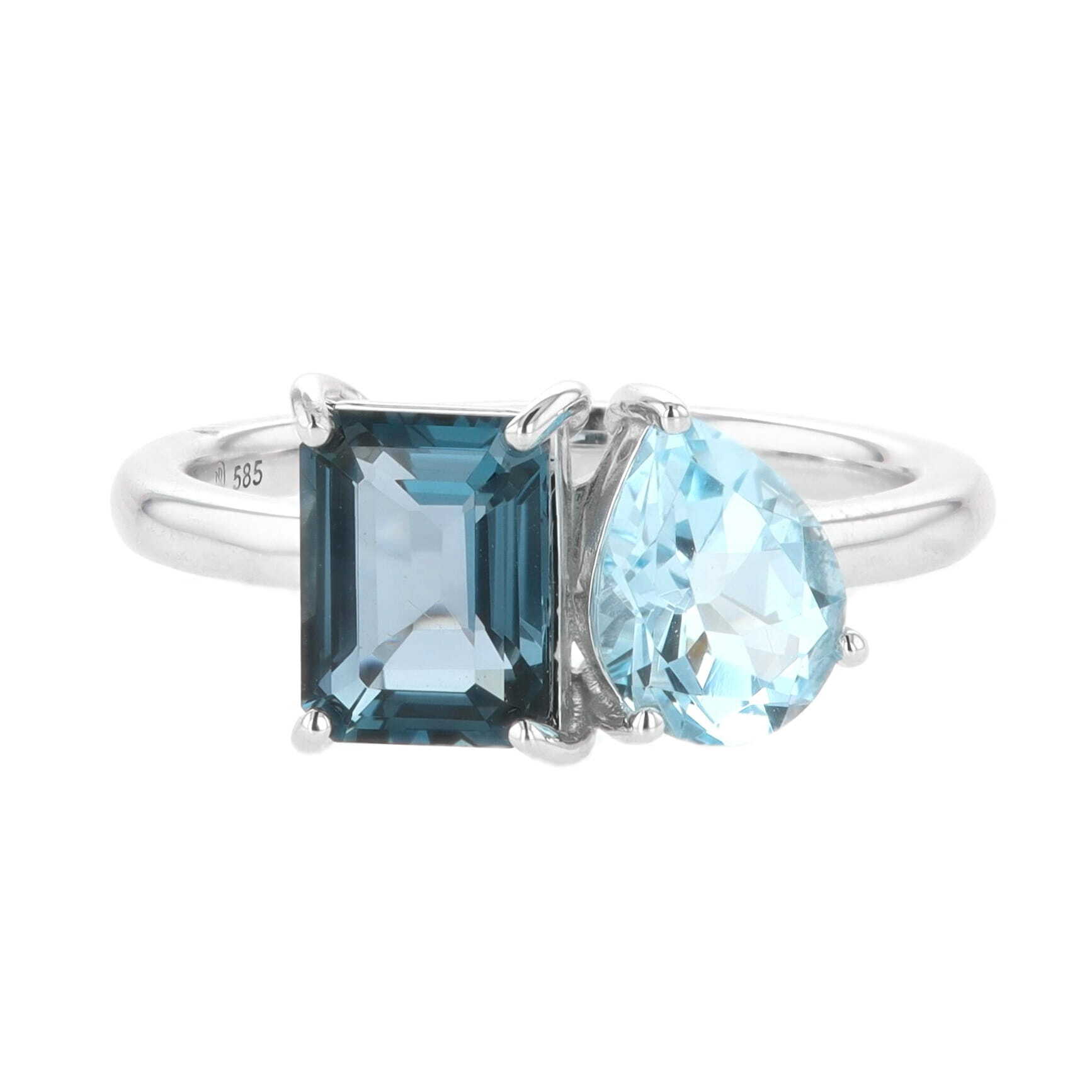 14k White Gold 3.00 Carat Pear & Emerald Cut Blue Topaz Toi Et Moi Ring 