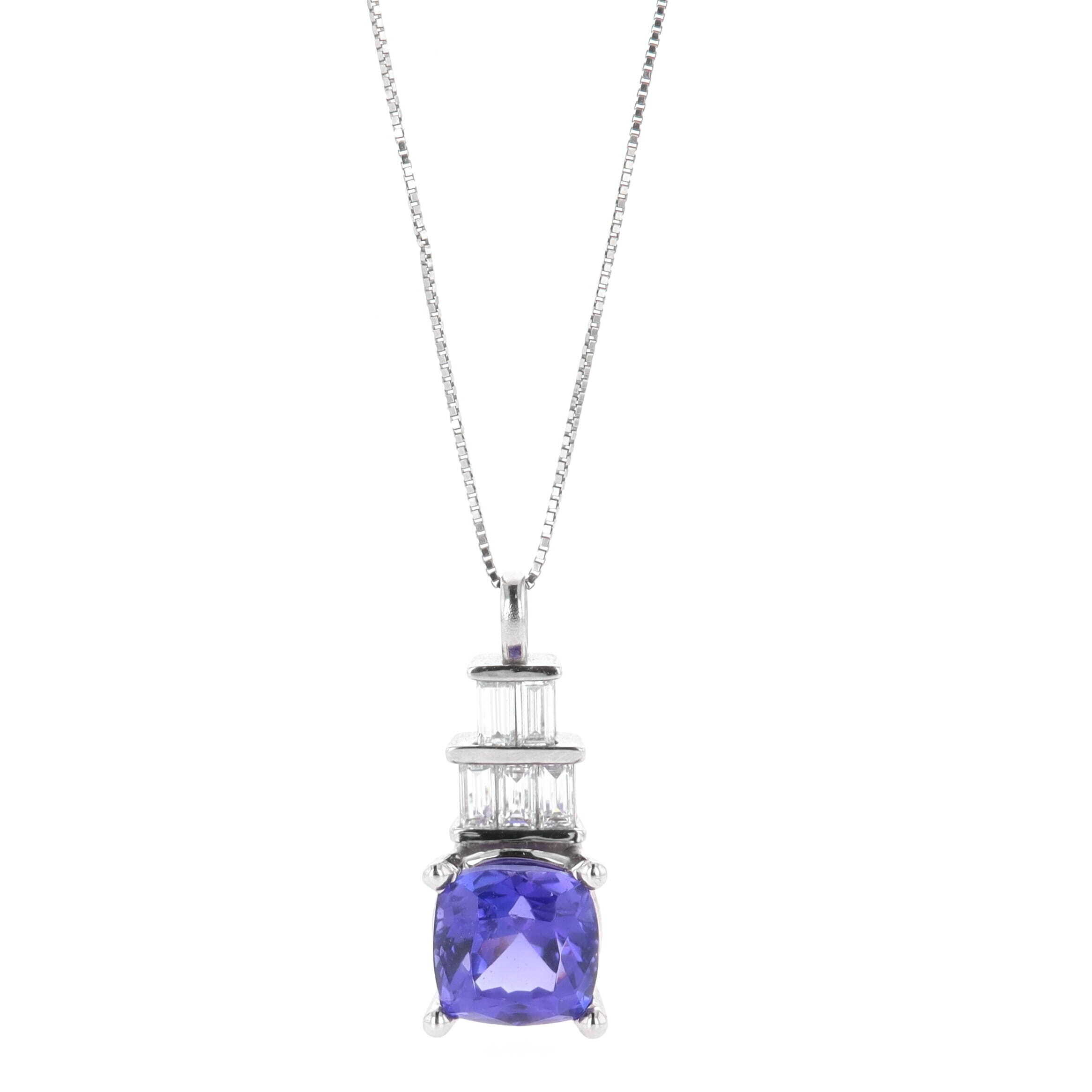 14k White Gold 3.50 Carat Cushion Tanzanite & 0.50 Carat Baguette Diamond 18 Inch Necklace, Estate