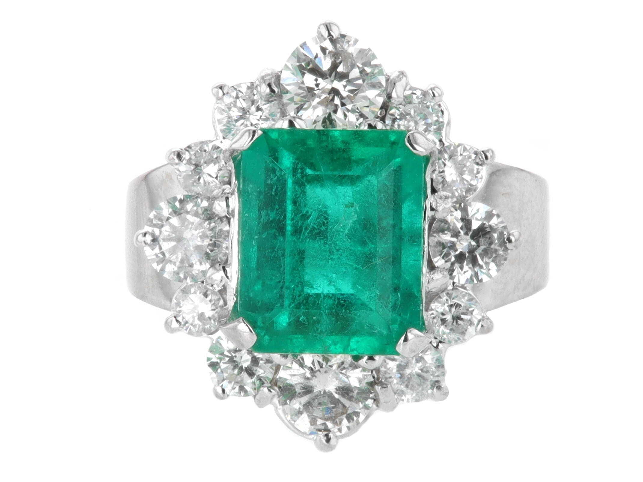 14k White Gold 3.55 Carat Emerald Cut Emerald & 1.97 Carat Round Diamond Halo Wide Shank Ring, Estate  