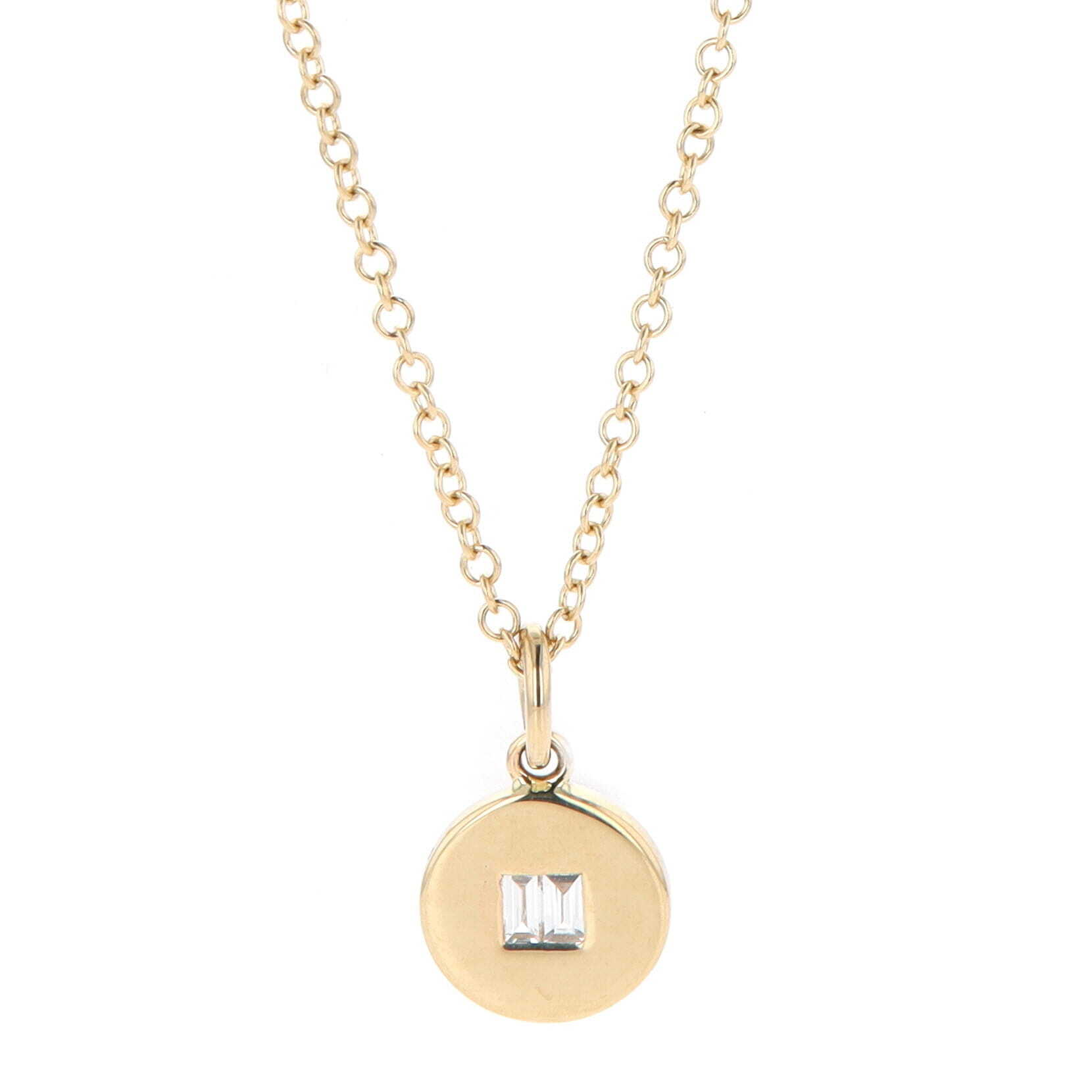 14k Yellow Gold 0.04 Carat Double Baguette Diamond Flush Set Small Disc 15-18 Inch Necklace
