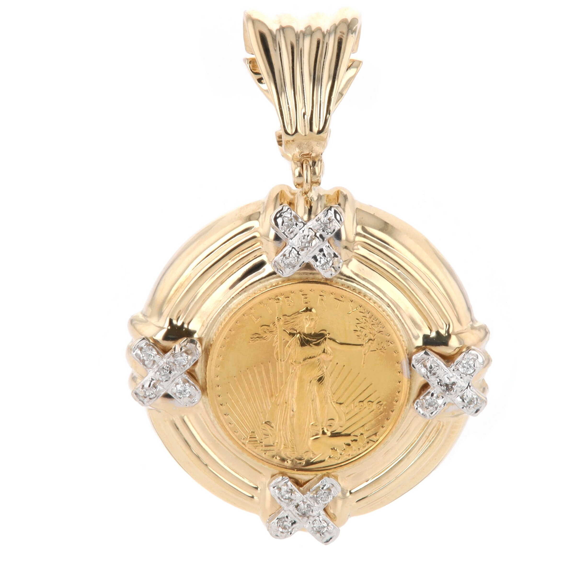 14k Yellow Gold 0.10 Carat Diamond 1/10 oz Liberty Coin Ribbed Frame Pendant Enhancer, Estate 
