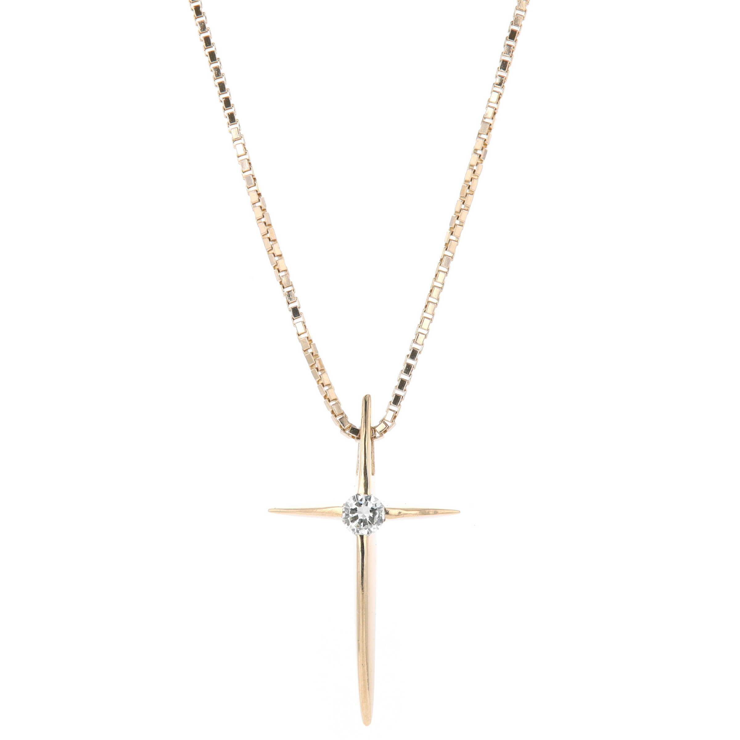 14k Yellow Gold 0.11 Carat Diamond Tapered Cross Pendant 16 Inch Necklace  