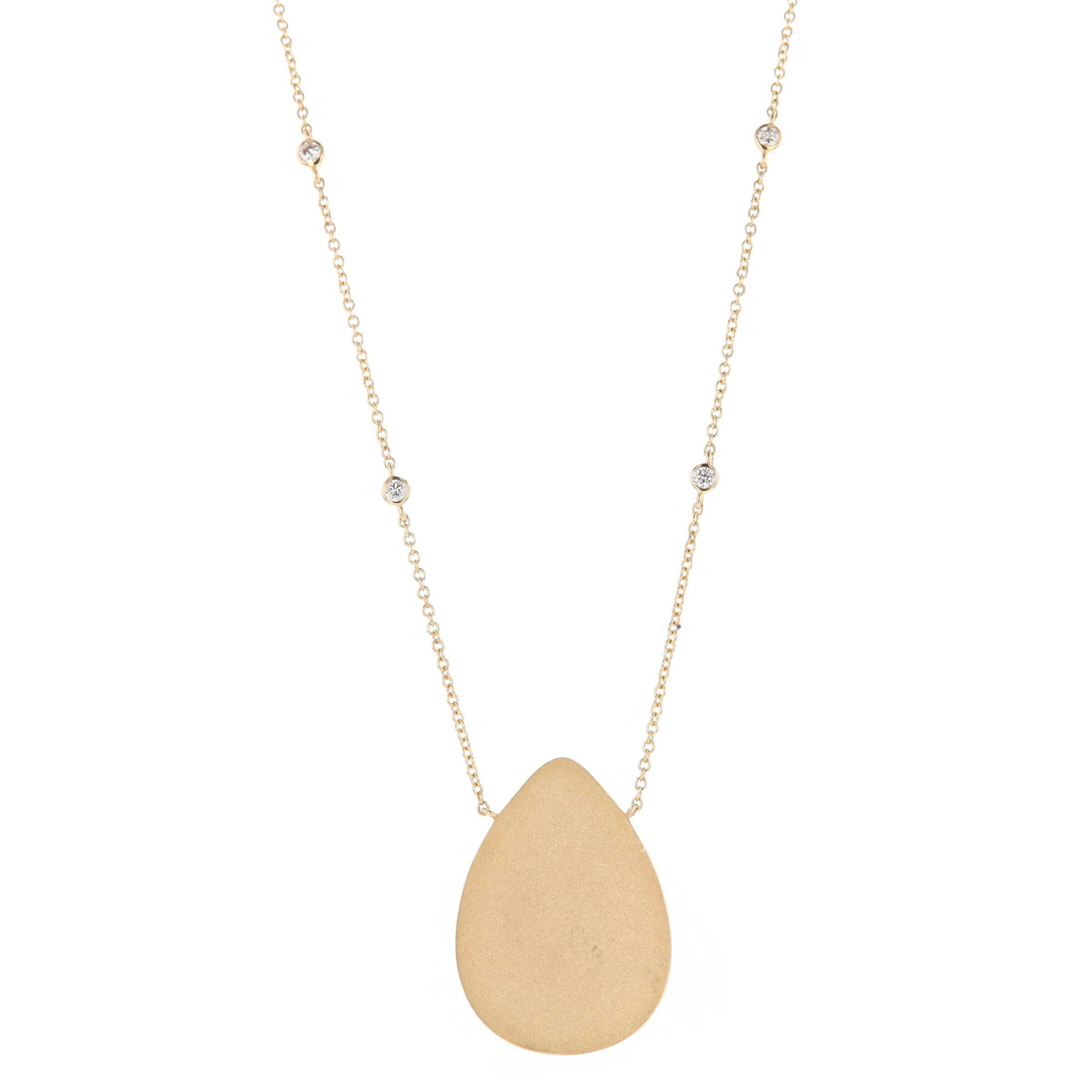 14k Yellow Gold 0.17 Carat Diamond Stationed Teardrop Textured Pendant 16-18 Inch Necklace