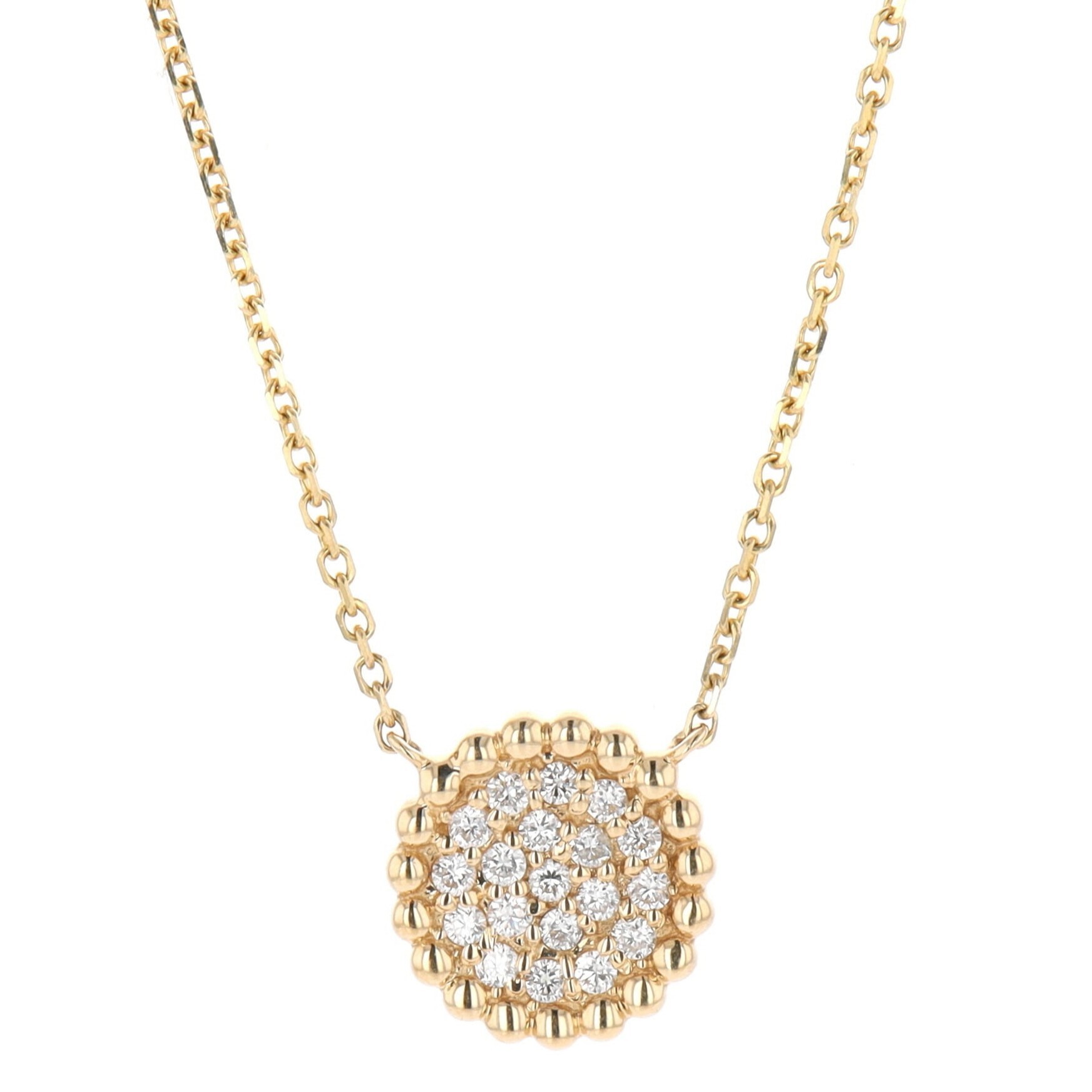 14k Yellow Gold 0.20 Carat Diamond Cluster Beaded Circle Pendant 16-18 Inch Necklace  