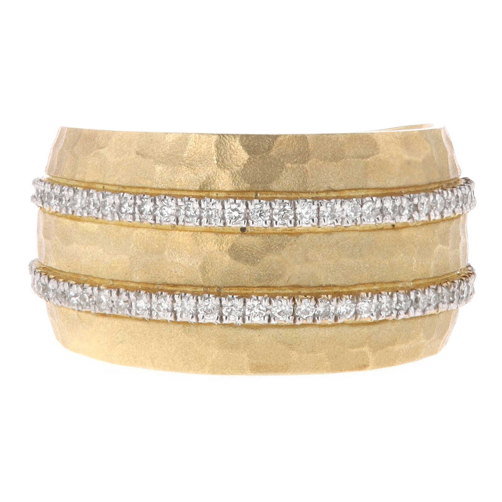 14k Yellow Gold 0.20 Carat Diamond Double Row Hammered Finish Wide Ring 