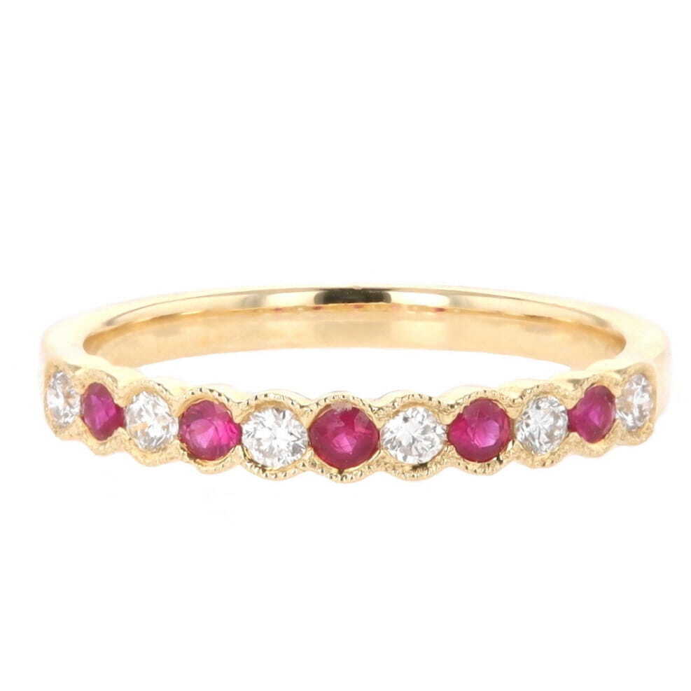 14k Yellow Gold 0.20 Carat Round Diamond & Ruby Alternating Milgrain Trim Band 