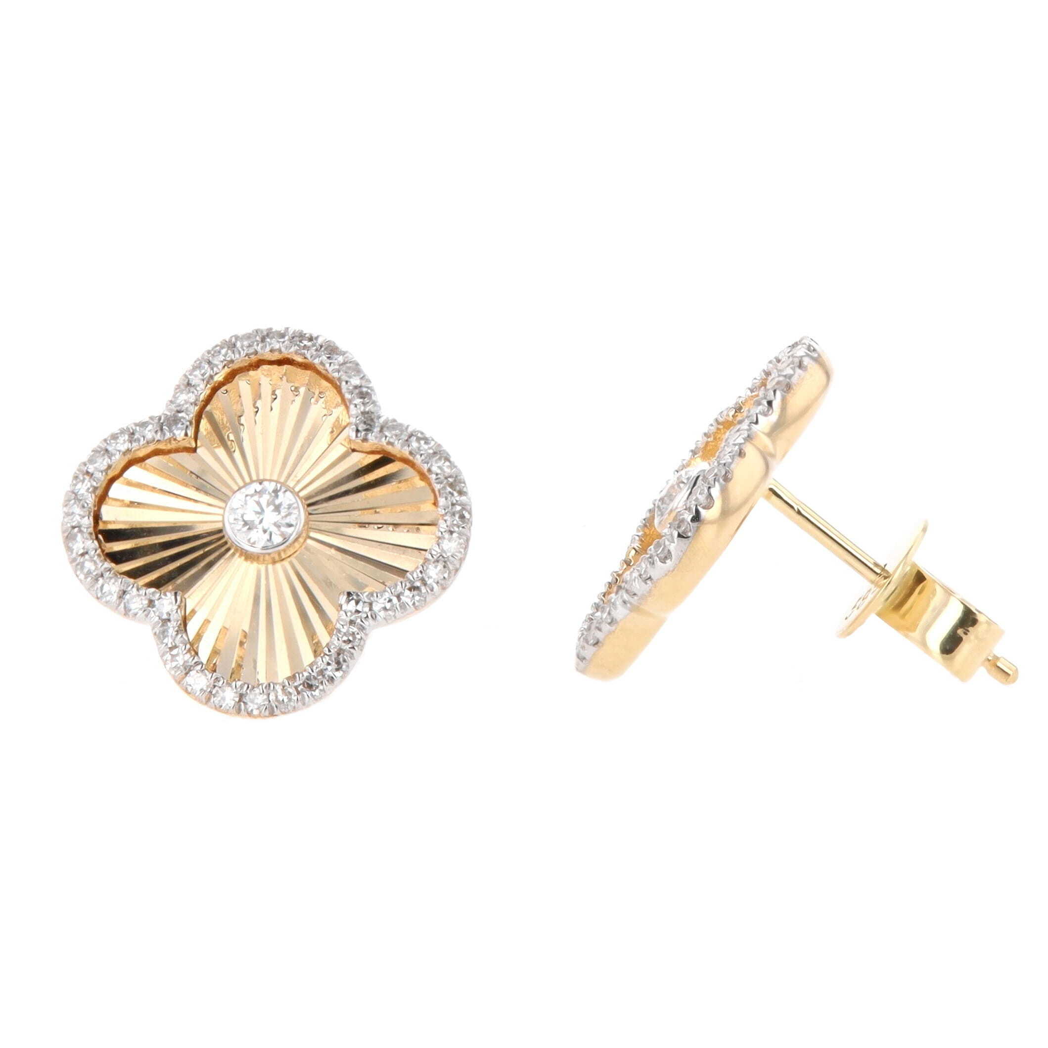 14k Yellow Gold 0.33 Carat Diamond Fluted Clover Shaped Stud Earrings, Madison L. 