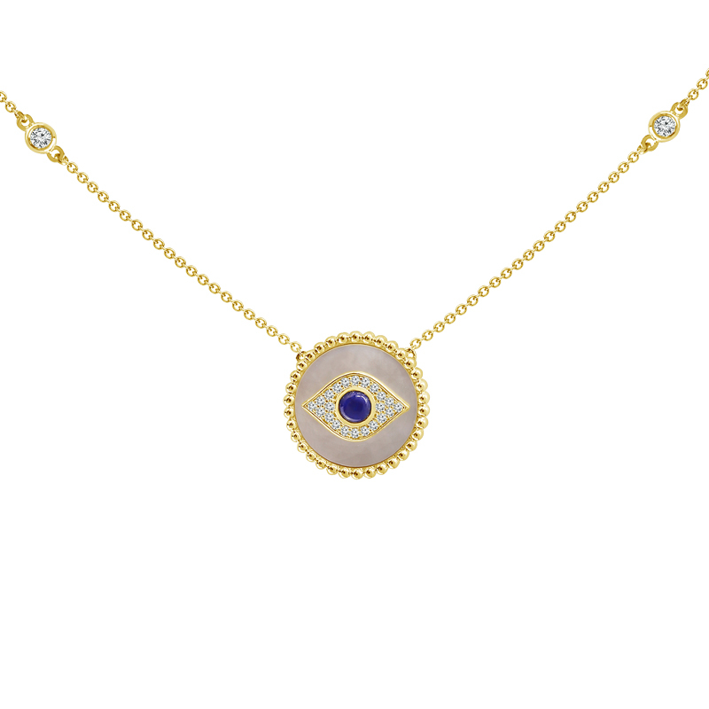 14k Yellow Gold 0.33 Carat Diamond, Round Lapis And Mother Of Pearl Pleated Disc Eye Pendant Station Necklace
