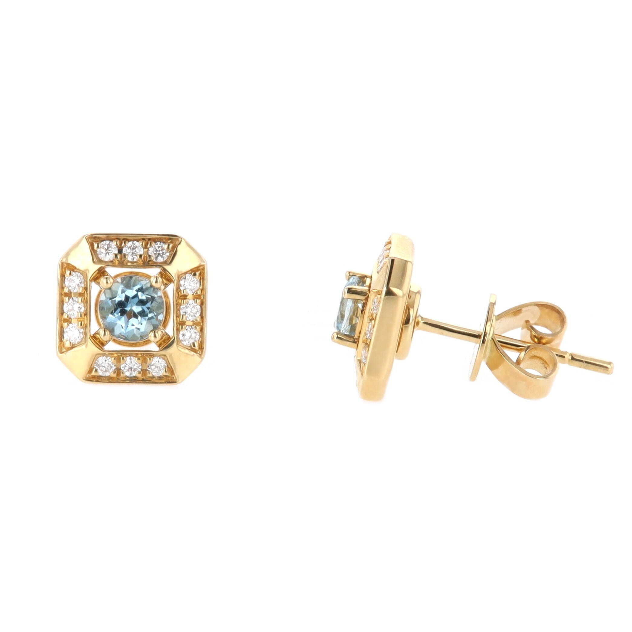 14k Yellow Gold 0.33 Carat Round Aquamarine & Diamond Octagon Halo Stud Earrings 