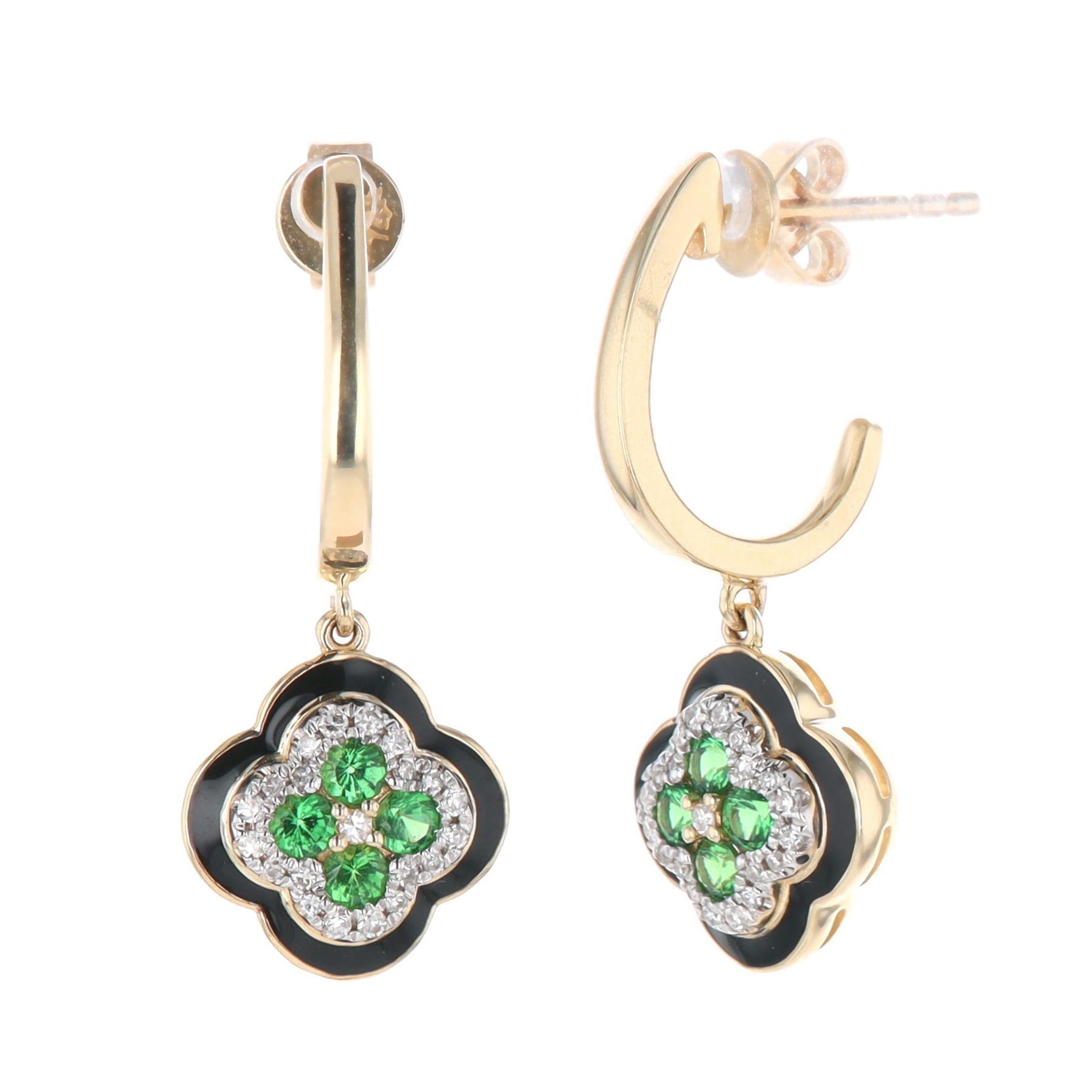 14k Yellow Gold 0.37 Carat Tsavorite Garnet & Diamond Black Enamel Clover Half Hoop Drop Earrings 