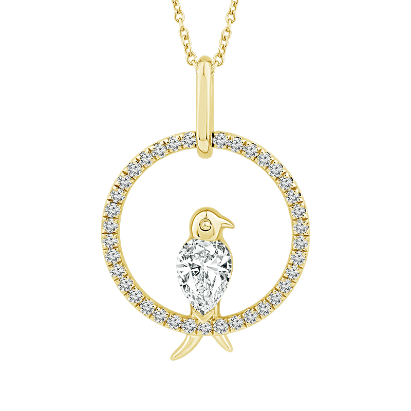 14k Yellow Gold 0.50 Carat Pear & Round Cut Diamond Bird Circle Necklace 