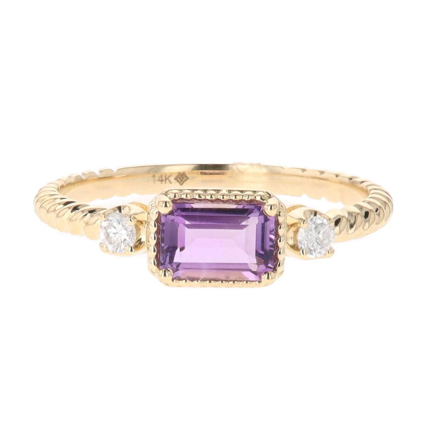 14k Yellow Gold 0.57 Carat Emerald Cut Amethyst & Diamond Accent Twisted Ring, Madison L. 