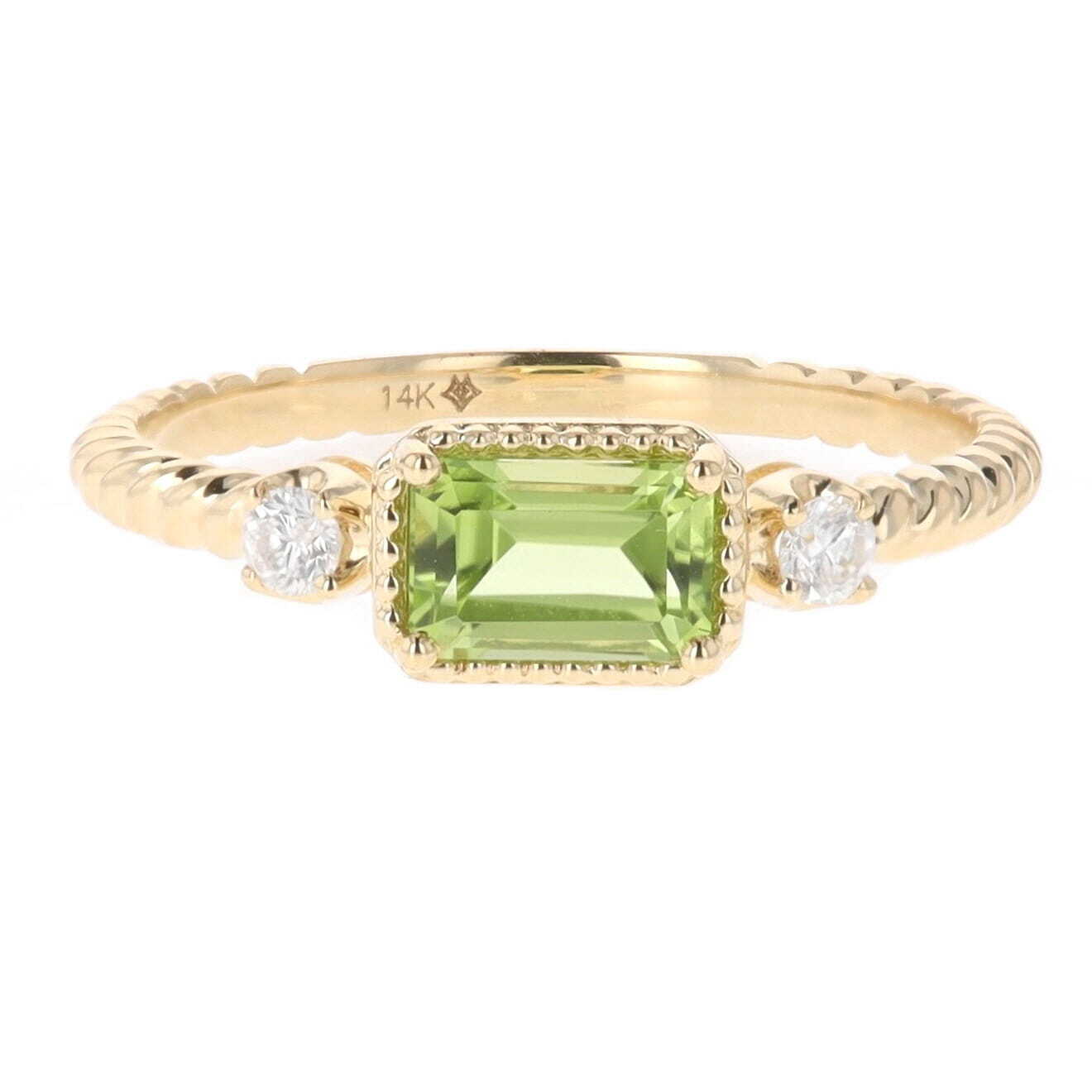 14k Yellow Gold 0.69 Carat Emerald Cut Peridot & Diamond Accent Twisted Ring, Madison L.  