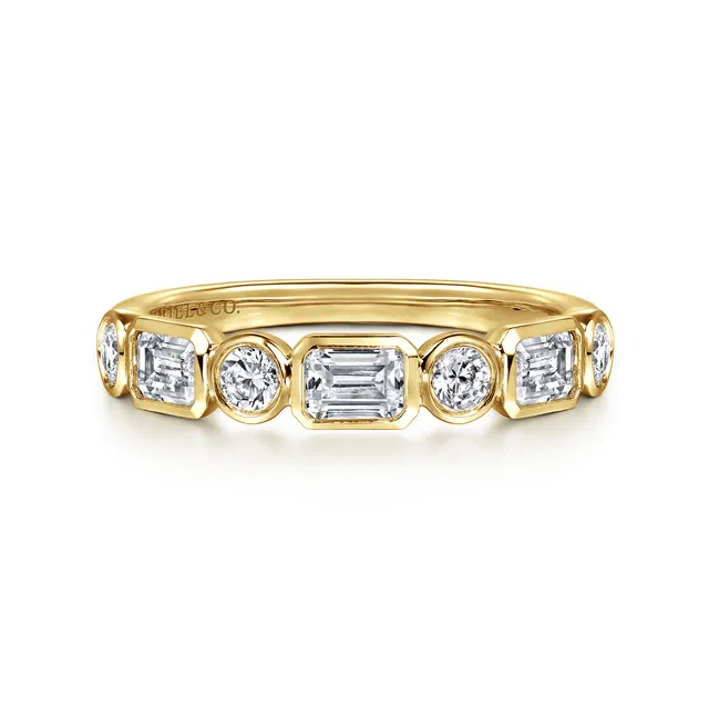 14k Yellow Gold 0.69 Carat Emerald & Round Cut Diamond Alternating Bezel Set Band, Gabriel & Co. 