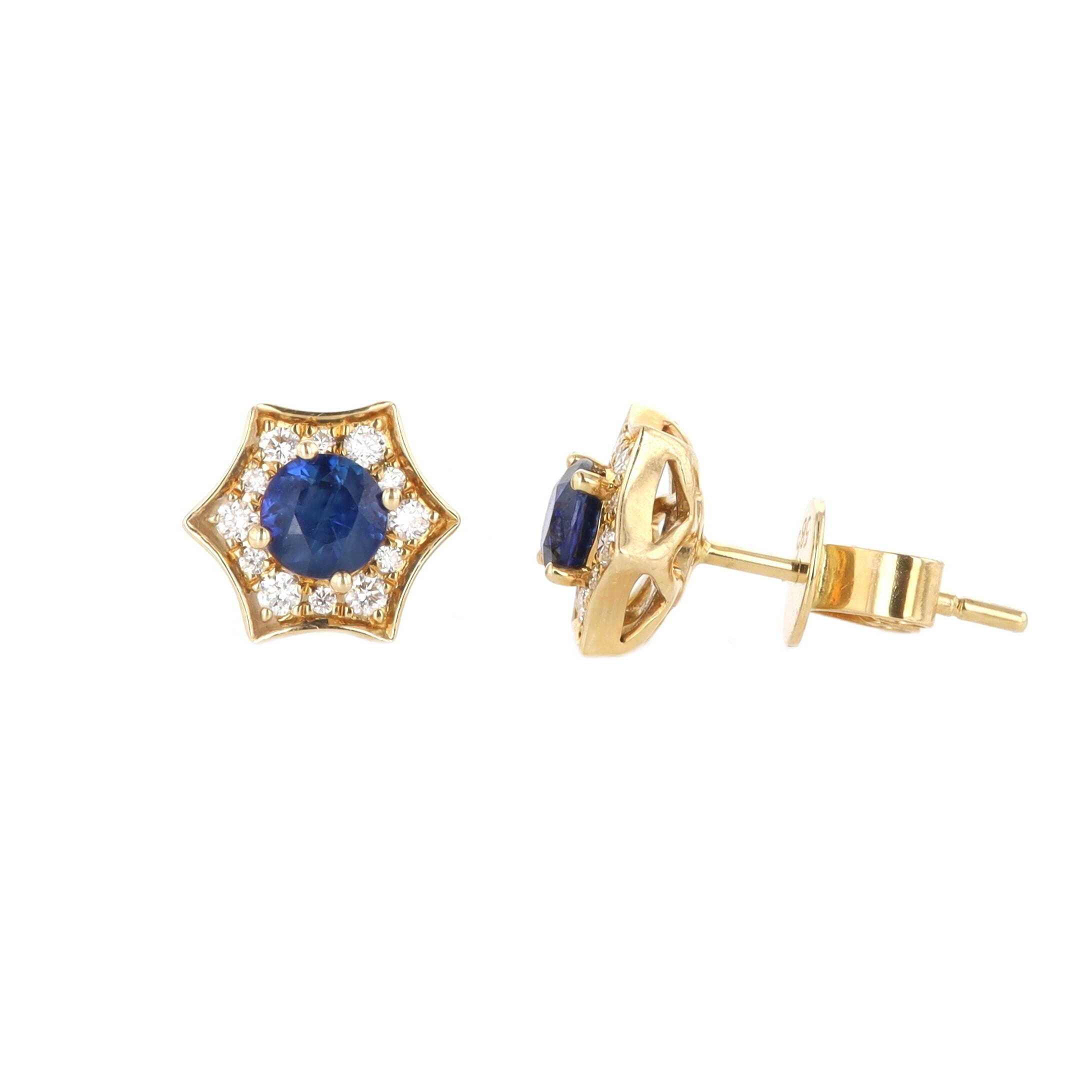 14k Yellow Gold 0.70 Carat Sapphire & 0.18 Carat Diamond Stud Earrings 