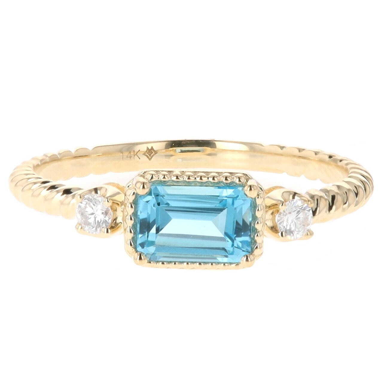 14k Yellow Gold 0.75 Carat Emerald Cut Swiss Blue Topaz & Diamond Accent Twisted Ring, Madison L.  