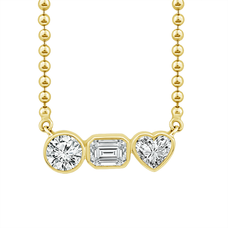 14k Yellow Gold 0.88 Carat Emerald, Round & Heart Cut Diamond Horizontal Bezel Set Necklace 