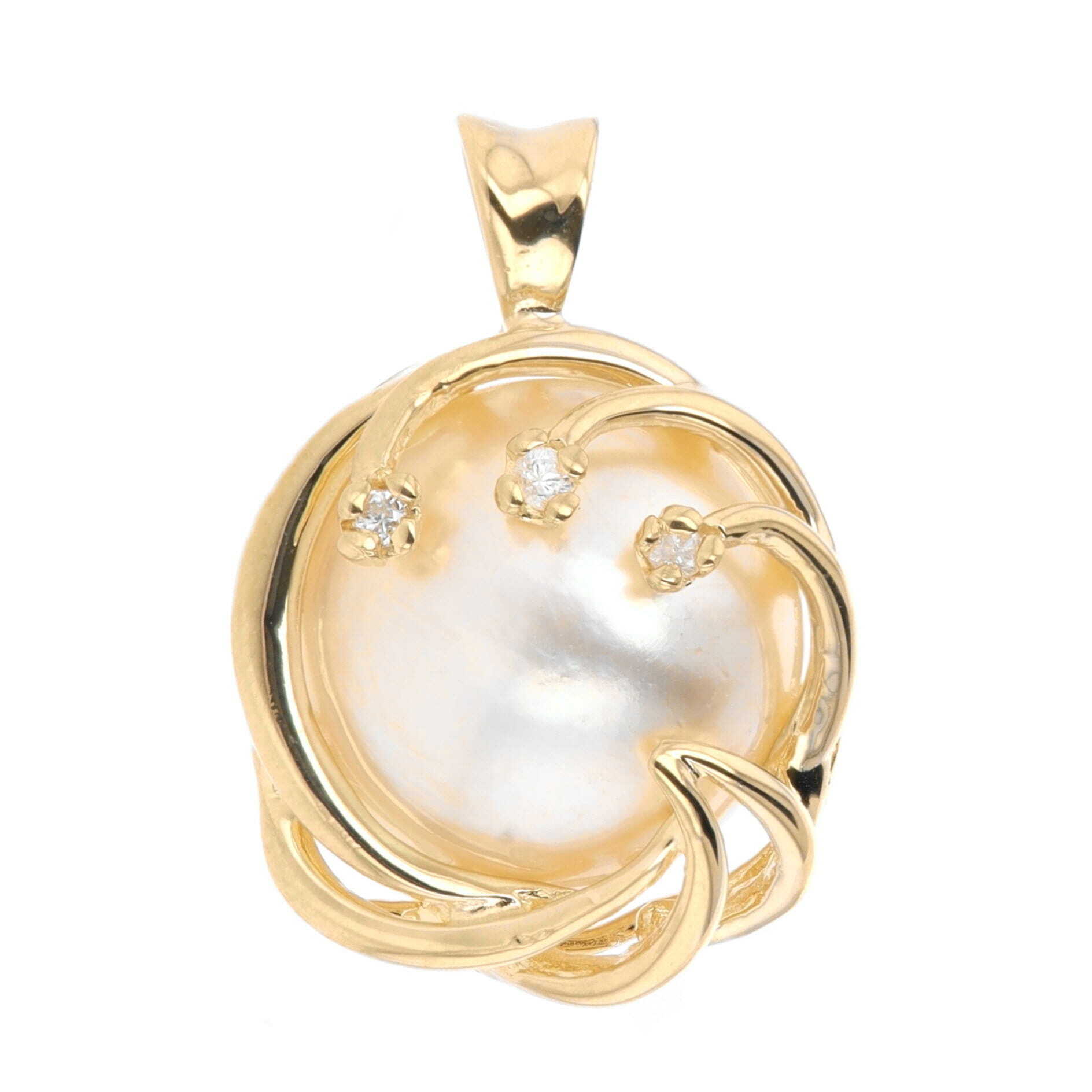 14k Yellow Gold 12 mm Mabe Pearl 0.015 Carat Diamond Swirl Pendant, Pre-Owned