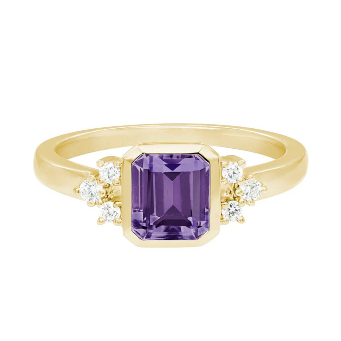 14k Yellow Gold 1.20 Carat Bezel Set Emerald Cut Amethyst & Diamond Accent Ring 