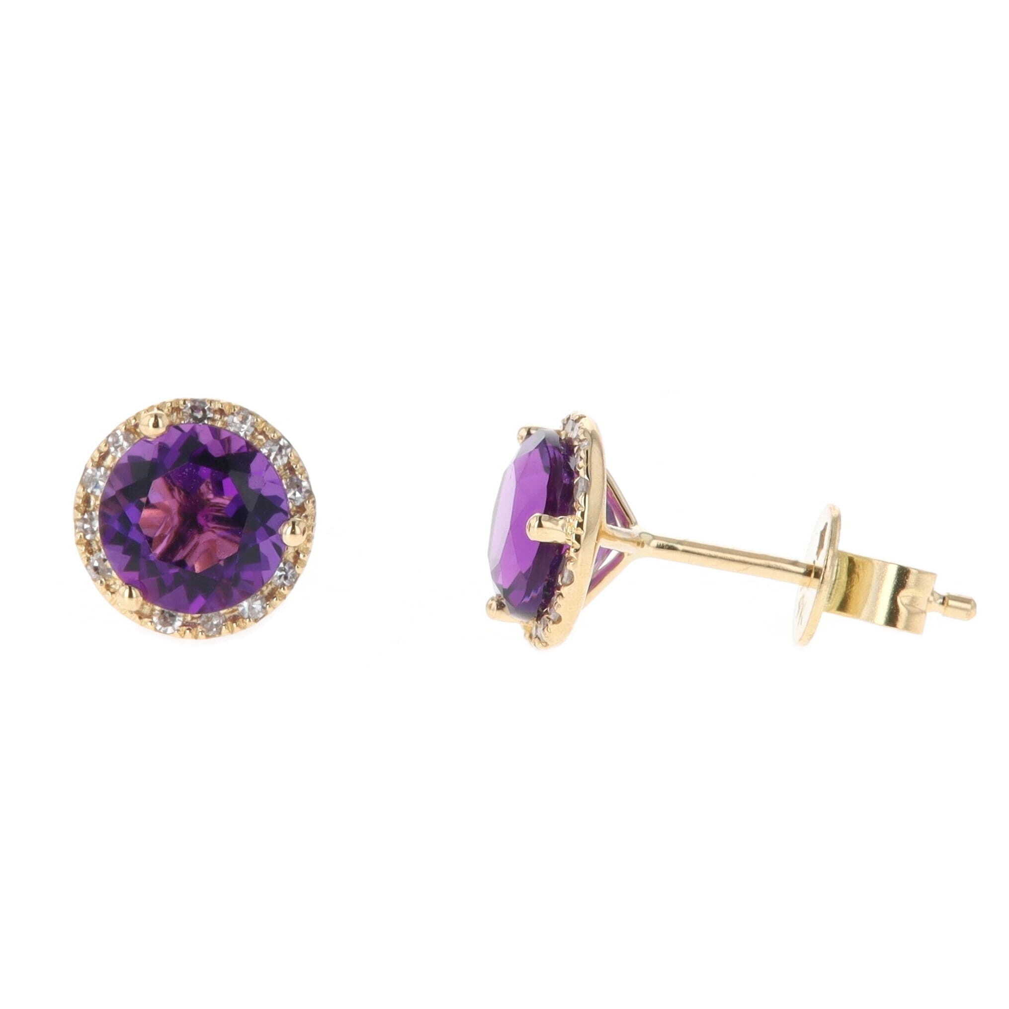 14k Yellow Gold 1.57 Carat Round Amethyst & Diamond Halo Stud Earrings, Madison L.