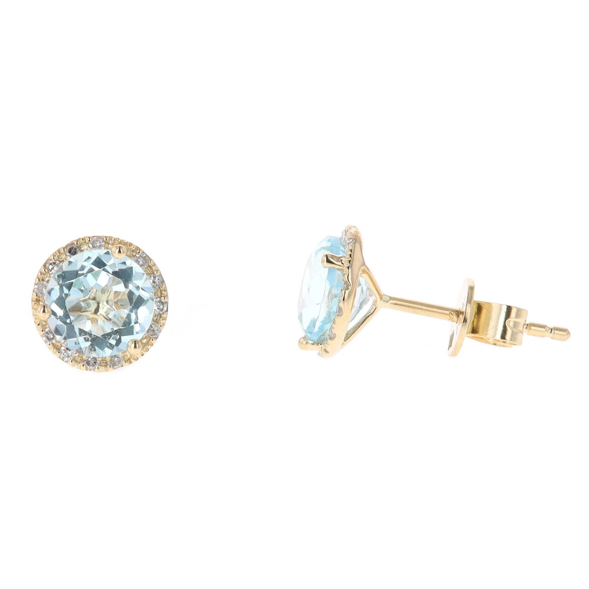 14k Yellow Gold 2.15 Carat Round Blue Topaz & Diamond Halo Stud Earrings, Madison L.