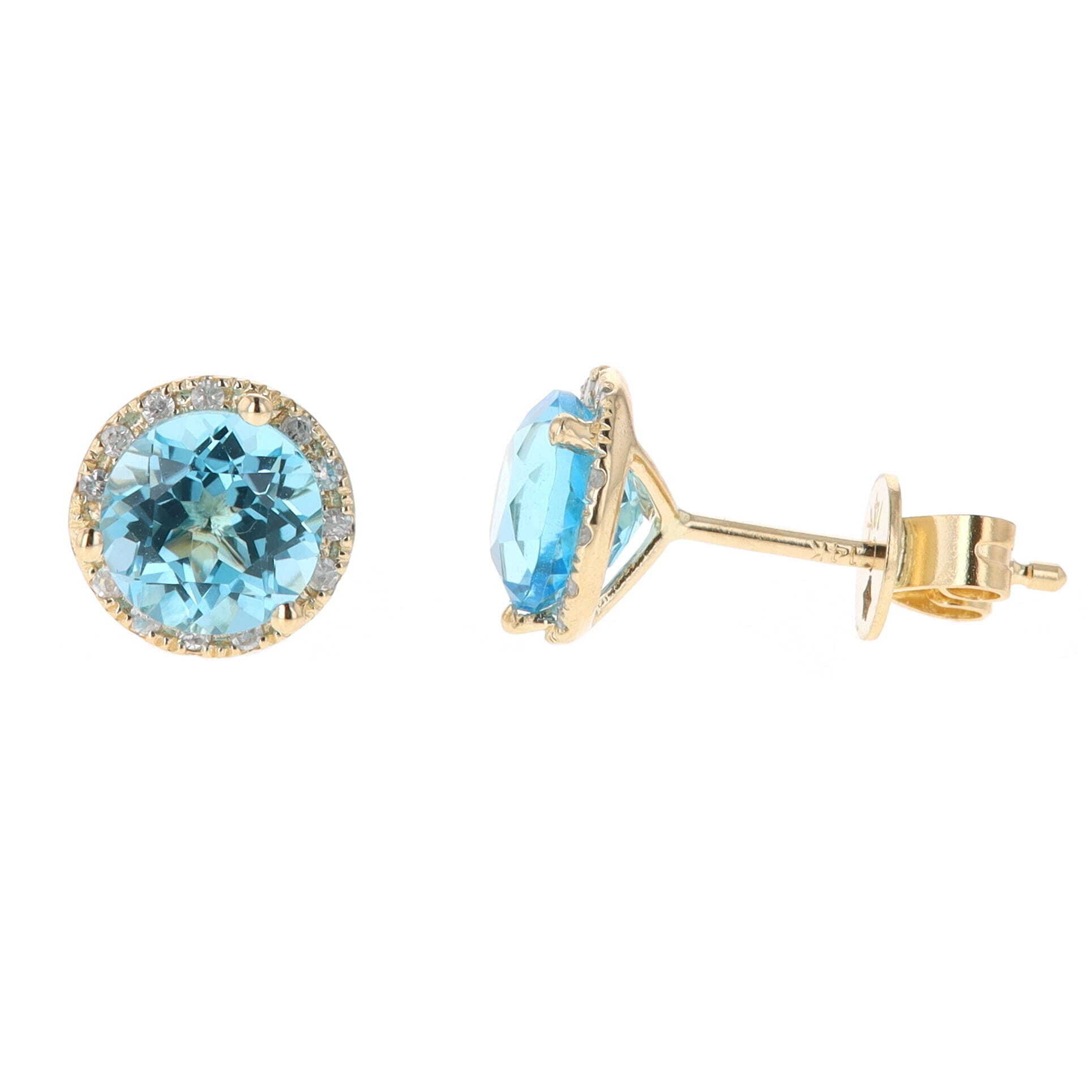 14k Yellow Gold 2.16 Carat Round Swiss Blue Topaz & Diamond Halo Stud Earrings, Madison L.