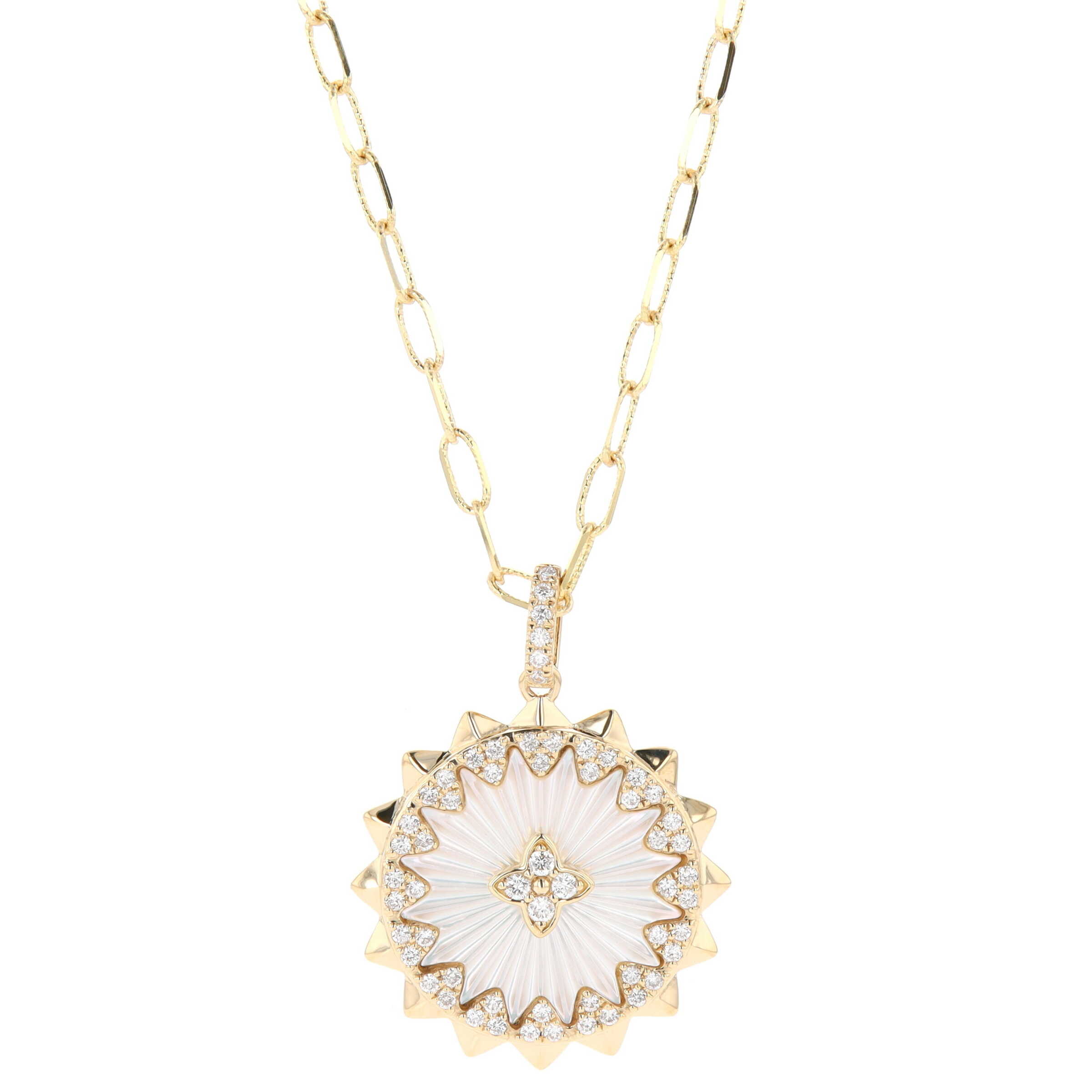 14k Yellow Gold 2.99 Carat Mother Of Pearl & Diamond Fluted Disc Spiked Paperclip Chain Necklace, Madison L. 