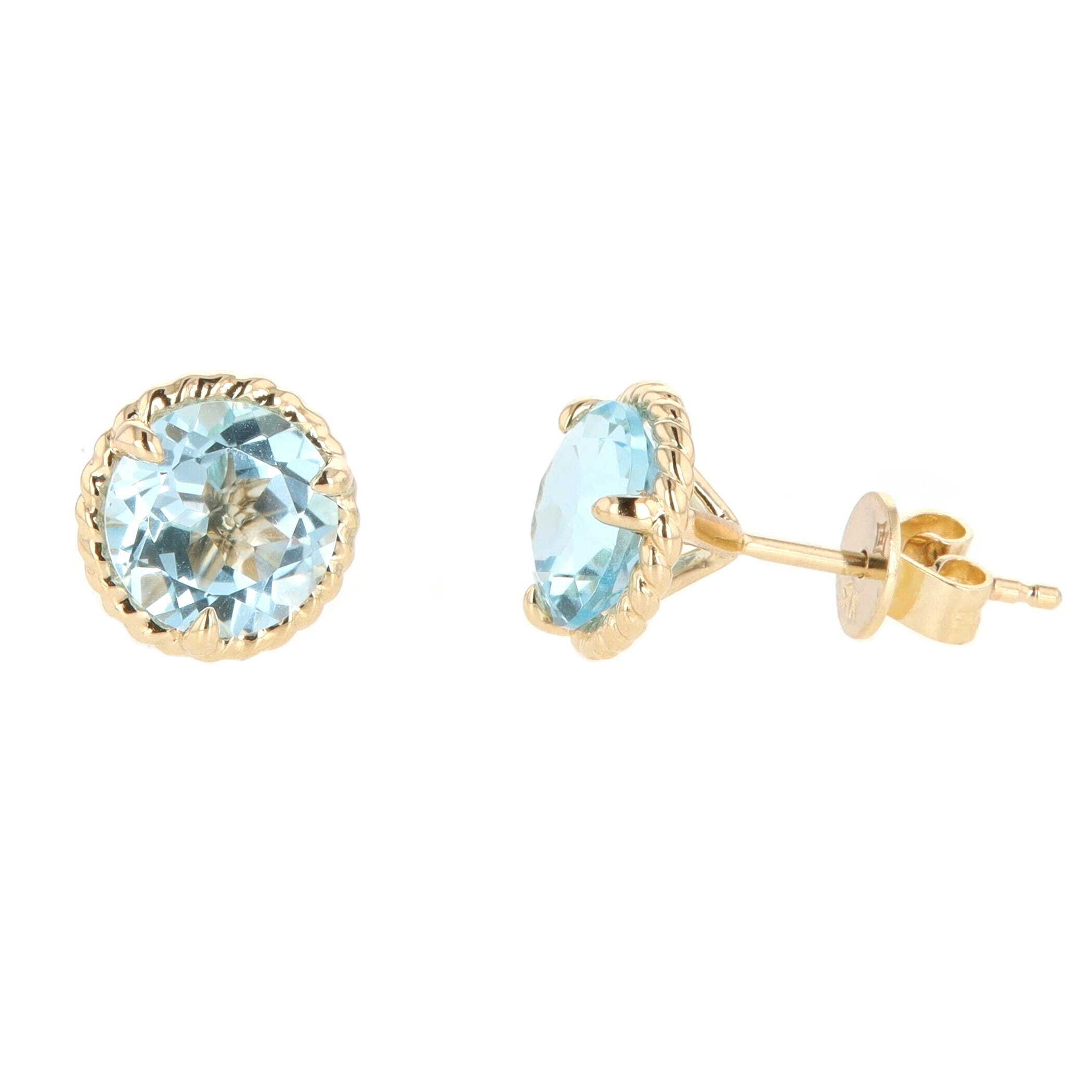14k Yellow Gold 3.03 Carat Round Blue Topaz Rope Frame Stud Earrings, Madison L.