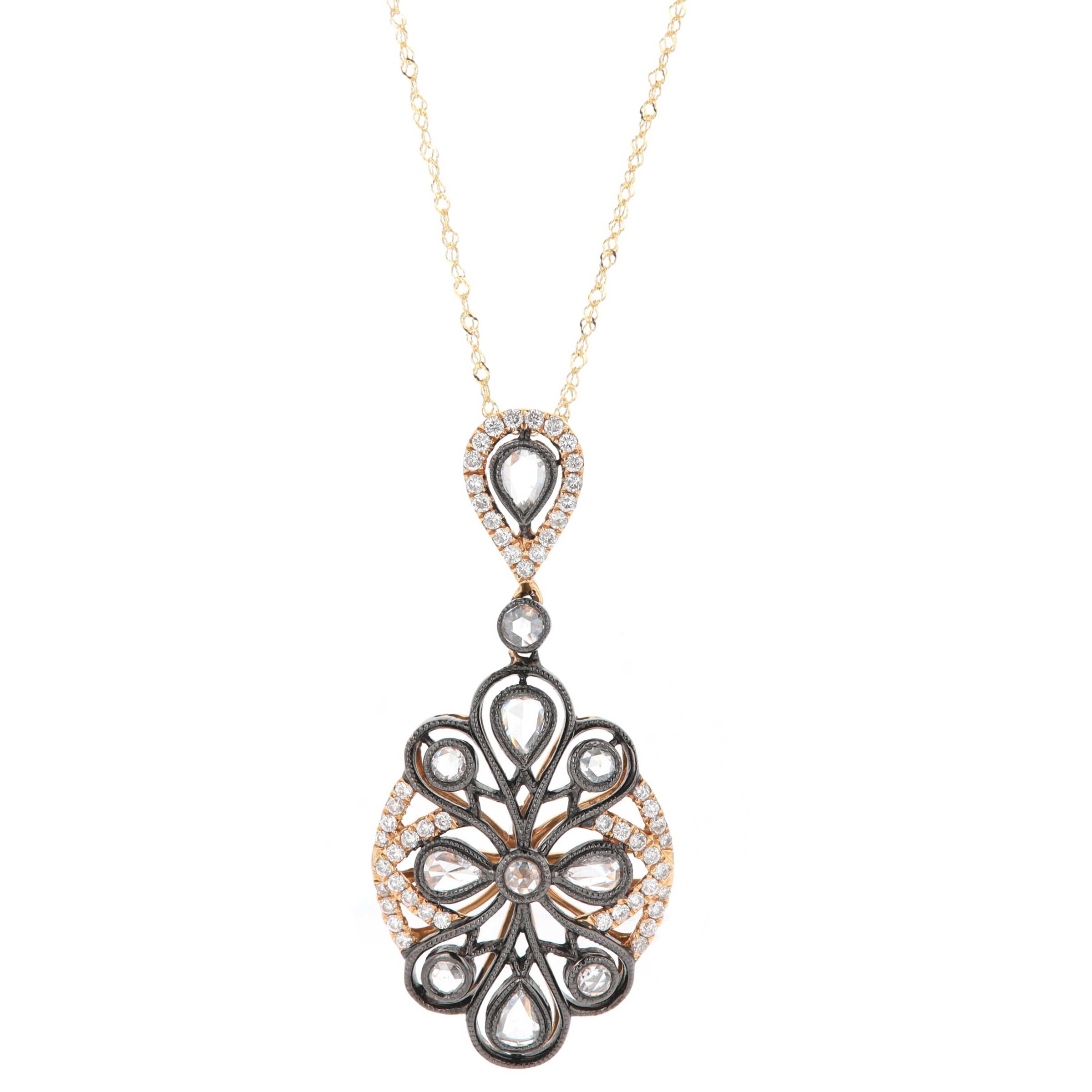14k Yellow Gold & Black Rhodium Rose & Round Cut 1.00 Carat Diamond Filigree Ornate Necklace 